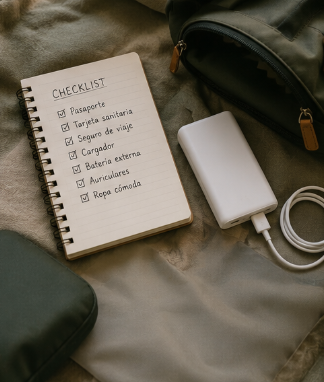 checklist de viaje escrita en un cuaderno y cargador de móvil lado