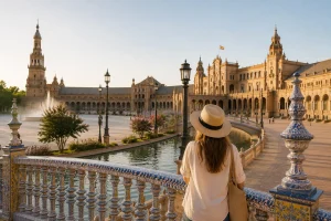 una chica de espaldas mirando el paisaje de plaza de españa que tiene detrás