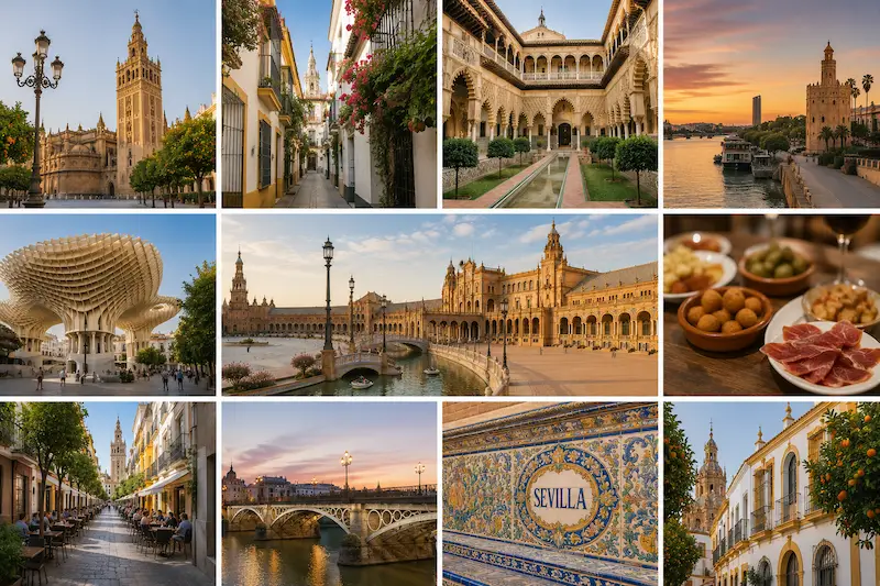 collage de varias imagenes de sevilla: giralda, plaza de toros, comida tipica, el río