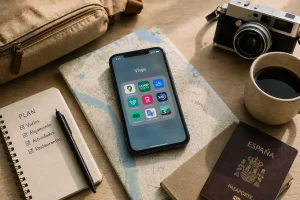 sobre una superficie hay un móvil con apps abiertas, un cuaderno, una cámara, un pasaporte y un vaso de café