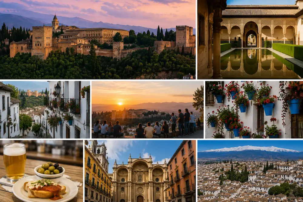 composición de fotos de granada: la catedral, la alhambra, tapas y calles