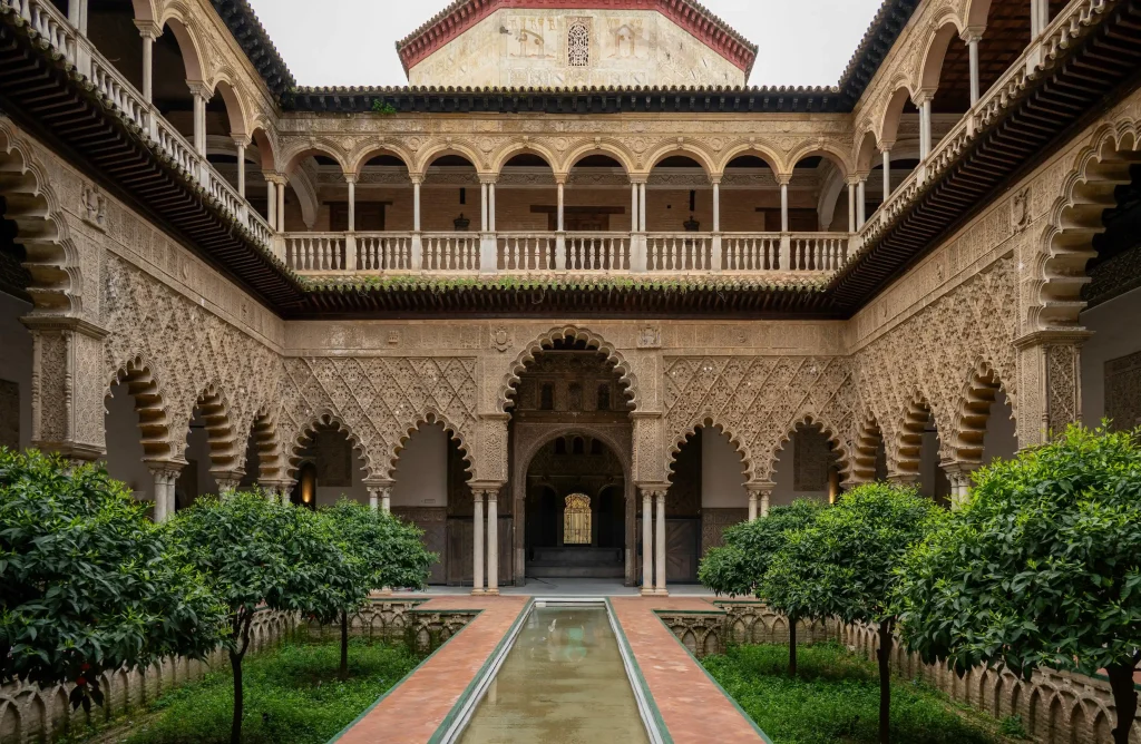 Patio histórico con jardín y arquitectura tradicional de estilo andaluz