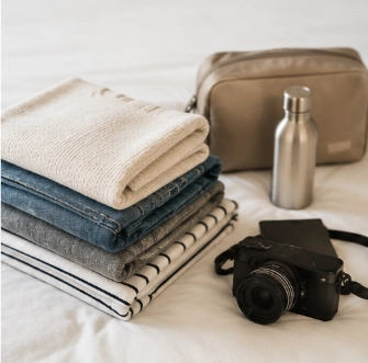 ropa doblada sobre la cama, una cámara de fotos negra, una botella de agua metálica y un neceser