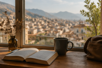 libro y taza de cafe sobre el borde de una ventana desde la que se puede ver la ciudad