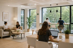 varias personas en un salón común en una residencia: una chica al ordenador, dos charlan al fondo,