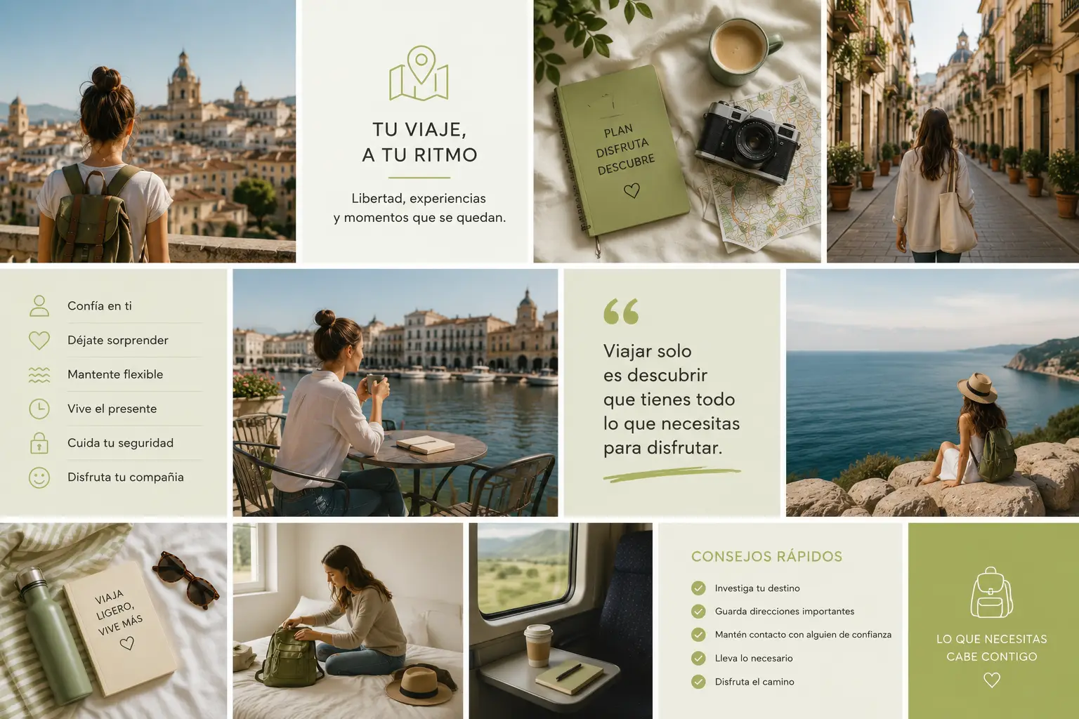 Collage de fotografías y consejos sobre viajar solo. 