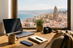 Escritorio frente a ventana con el paisaje de una ciudad.
