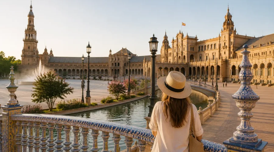 una chica de espaldas mirando el paisaje de plaza de españa que tiene detrás
