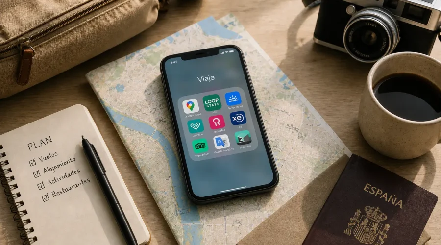sobre una superficie hay un móvil con apps abiertas, un cuaderno, una cámara, un pasaporte y un vaso de café