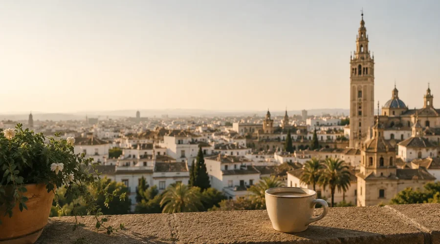 sevilla con la giralda de fondo y en primer plano hay una taza de cafe
