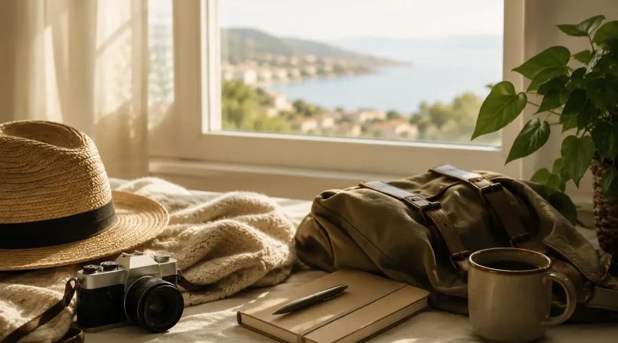 En una mesa cerca de una ventana, hay un sombrero de paja, una cámara, un cuaderno, mochila y taza.