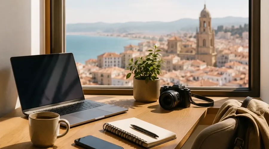 Escritorio frente a ventana con el paisaje de una ciudad.